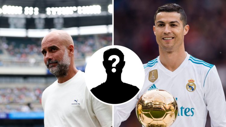 Split Image of Manchester City manager Pep Guardiola looking on (right) and Cristiano Ronaldo smiling in a Real Madrid shirt (left) with mystery pl...