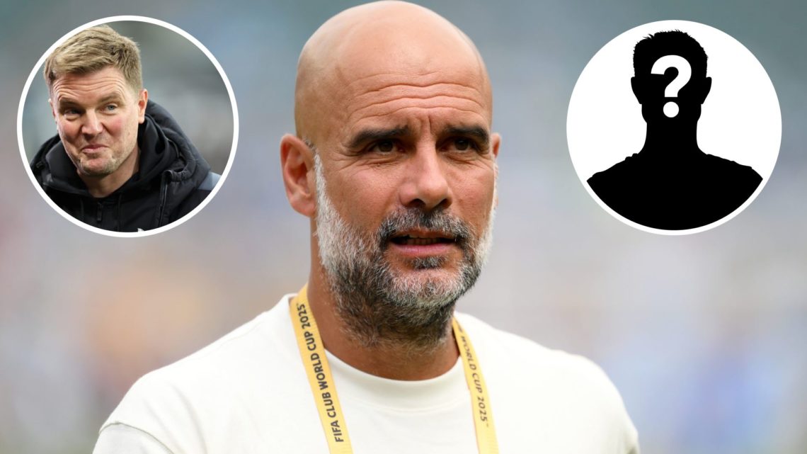 Manchester City manager Pep Guardiola looking on (main image) with insets of Eddie Howe of Newcastle United (top corner) and mystery player (top le...
