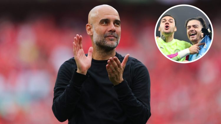 Pep Guardiola applauding Manchester City fans after FA Cup match (main image) against Nottingham Forest with inset of Ederson and Jack Grealish cel...