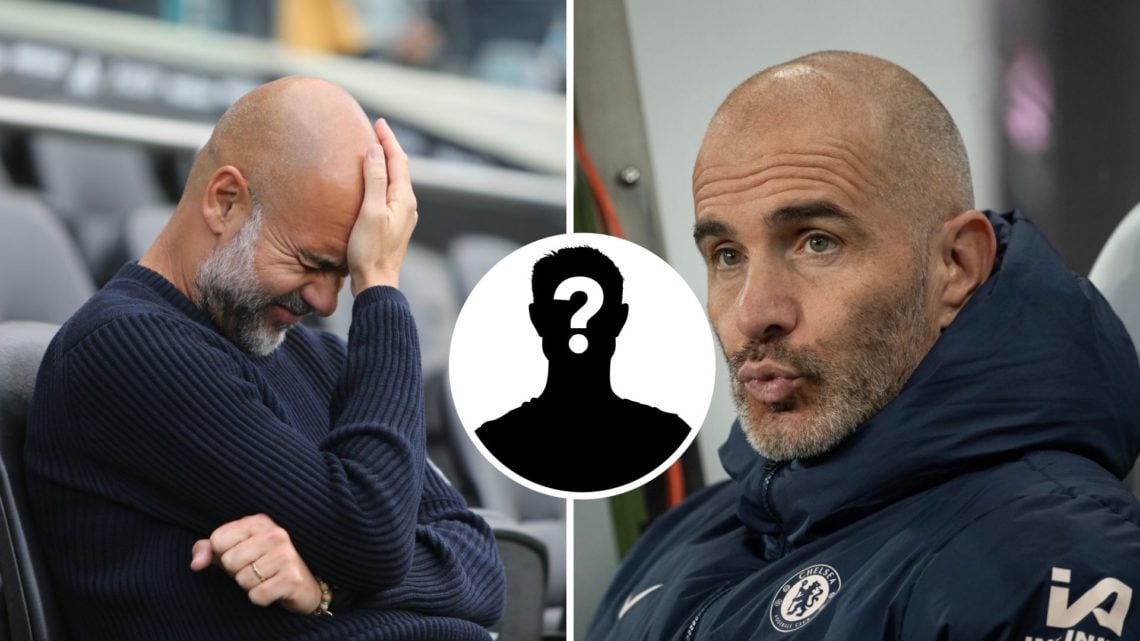 Split Image of Pep Guardiola of Manchester City looking stressed (left) and Chelsea's Enzo Maresca looking on (right) with inset of mystery player ...