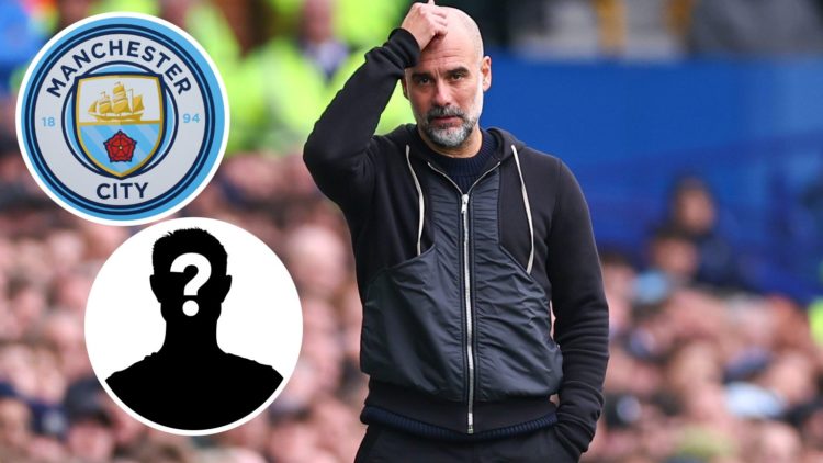 Pep Guardiola looking on during Premier League match against Everton (main image) with insets of Manchester City badge (top left corner) and myster...