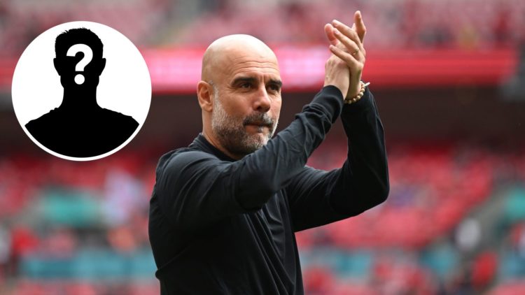 Pep Guardiola clapping after Manchester City's FA Cup semi-final against Nottingham Forest (main image) with inset of mystery player (top left corner)