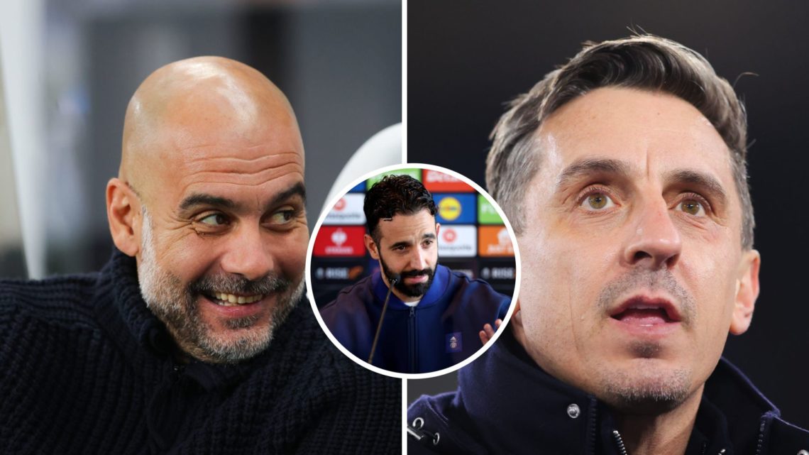 Split Image of Manchester City's Pep Guardiola smiling (left) and Gary Neville looking on (right) with inset of Ruben Amorim during a press confere...