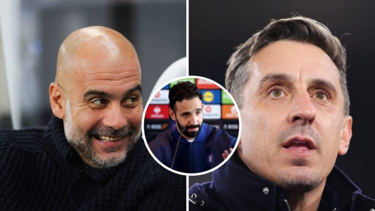 Split Image of Manchester City's Pep Guardiola smiling (left) and Gary Neville looking on (right) with inset of Ruben Amorim during a press confere...