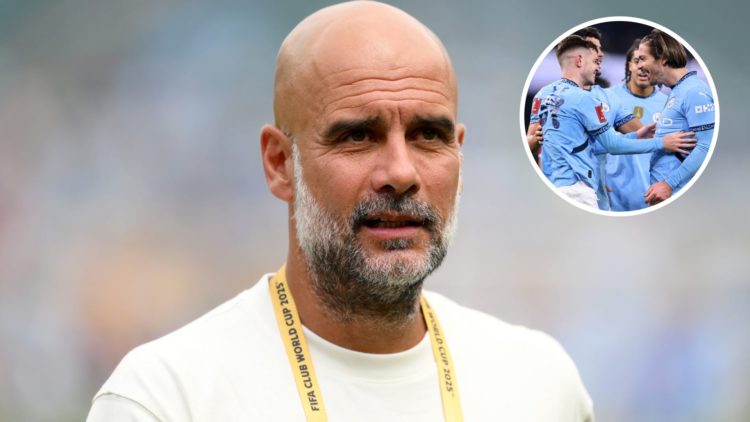 Manchester City manager Pep Guardiola looking on (main image) with inset of Jack Grealish and James McAtee smiling (top right corner)