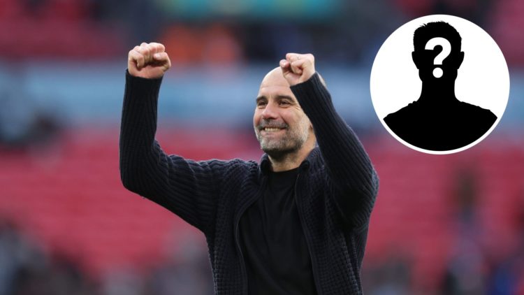 Manchester City manager Pep Guardiola celebrates (main image) after FA Cup win against Chelsea with inset of mystery player (top right corner)