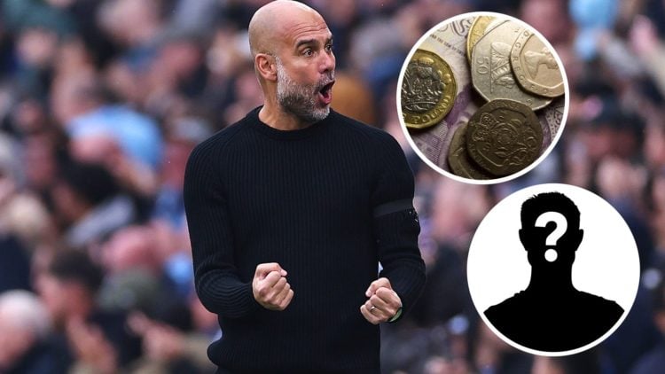Pep Guardiola looking elated after Manchester City's FA Cup match against Arsenal (main image) with insets of mystery player (bottom right corner) ...