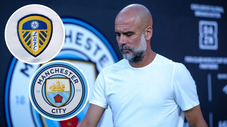 Pep Guardiola walking (main image) with insets of Manchester City (left side) and Leeds United badge (top left corner)