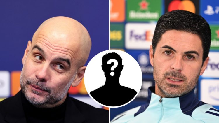 Split Image of Manchester City's Pep Guardiola during a press conference (left) and Arsenal manager Mikel Arteta answering questions (right) with m...