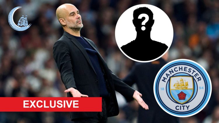 Pep Guardiola looking upset (main image) with inset of mystery player (middle) and Manchester City badge (bottom right corner), MCN Logo (top left ...