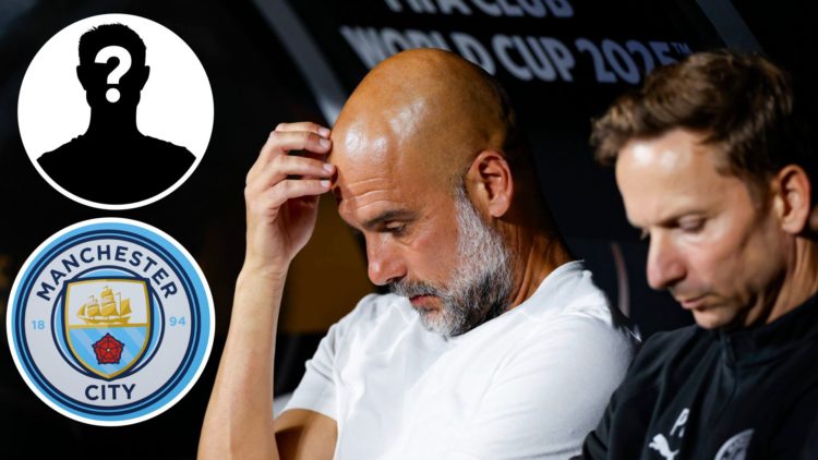 Pep Guardiola and Pep Lijnders looking dejected on the bench (main image) with insets of Manchester City badge (bottom left corner) and mystery pla...