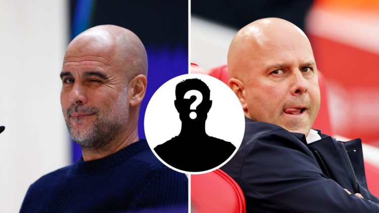 Split Image of Manchester City's Pep Guardiola winking during a press conference (left) and Liverpool manager Arne Slot looking on (left) with inse...
