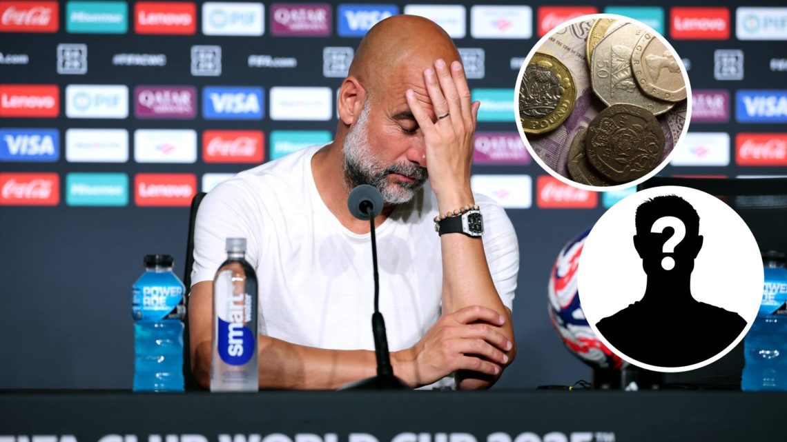 Pep Guardiola attending a press conference (main image) with insets of mystery player (bottom right corner) and English pound coins (right side)