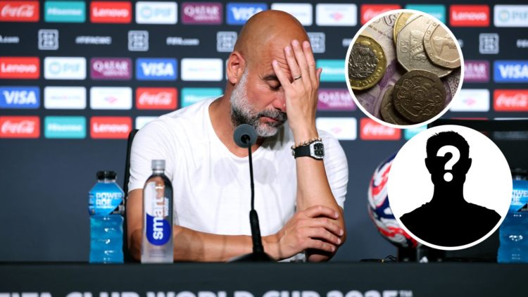 Pep Guardiola attending a press conference (main image) with insets of mystery player (bottom right corner) and English pound coins (right side)
