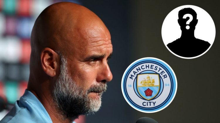 Pep Guardiola during a press conference ahead of match against Juventus (main image) with mystery player (top right corner) and Manchester City bad...