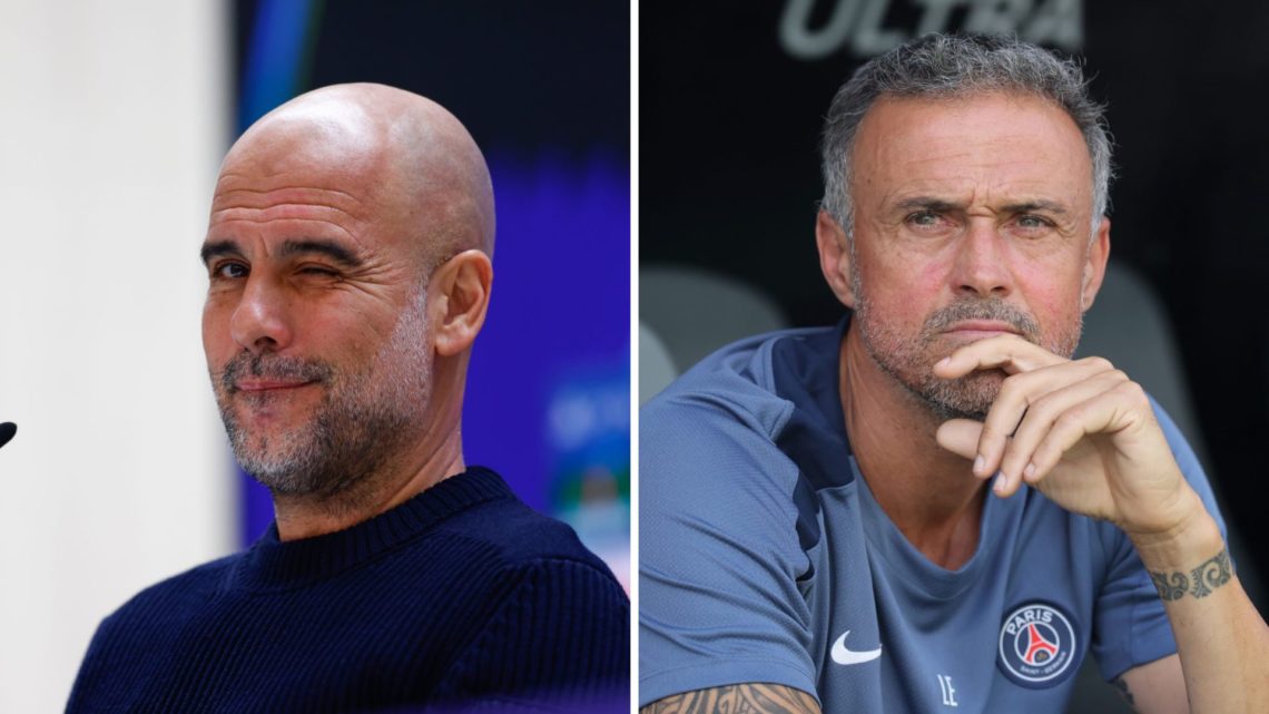 Split Image of Manchester City's Pep Guardiola winking (left) and Paris Saint-Germain manager Luis Enrique looking on (right)