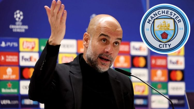Pep Guardiola answering questions during a press conference (main image) with insets of Manchester City badge (top right player)