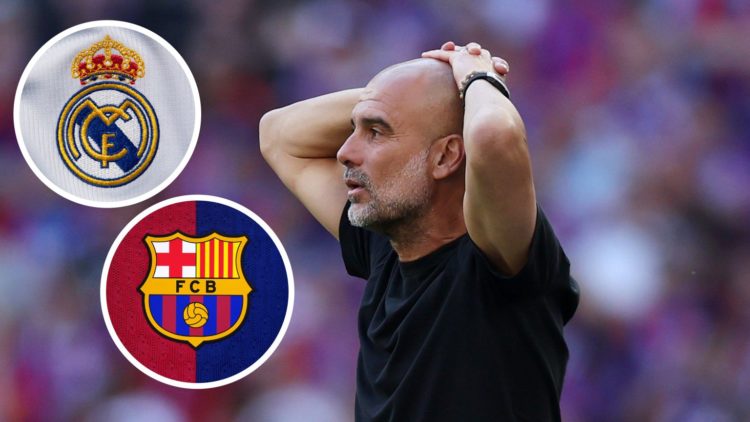 Manchester City manager Pep Guardiola looking surprised (main image) with insets of Real Madrid badge (top left corner) and Barcelona badge (bottom...