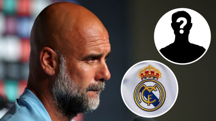 Manchester City's Pep Guardiola attending a press conference (main image) with insets of mystery player (top right corner) and Real Madrid badge (b...