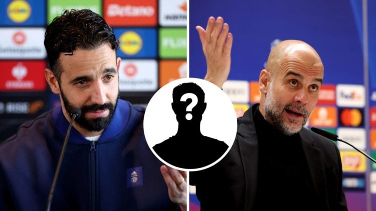 Split Image of Manchester United manager Ruben Amorim during a press conference (right) and Manchester City's Pep Guardiola answering questions (le...