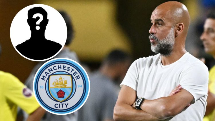 Pep Guardiola and Simone Inzaghi (main image) looking on with insets of mystery player (top left corner) and Manchester City badge (bottom left)