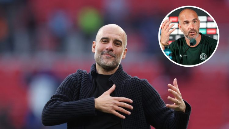 Pep Guardiola looking ecstatic after Manchester City's match against Chelsea (right image) with inset of Chelsea manager Enzo Maresca during a pres...