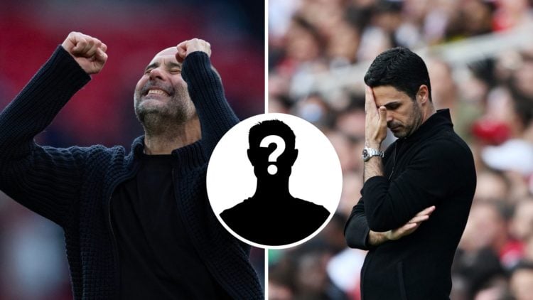 Split Image of Manchester City manager Pep Guardiola smiling (right) and Arsenal's Mikel Arteta with his hand on his forehead (left) with inset of ...