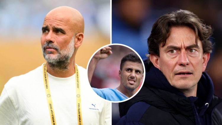 Split Image of Pep Guardiola ahead of Manchester City's match against Wydad AC (left) and Thomas Frank looking on (right) with inset of Rodri celeb...