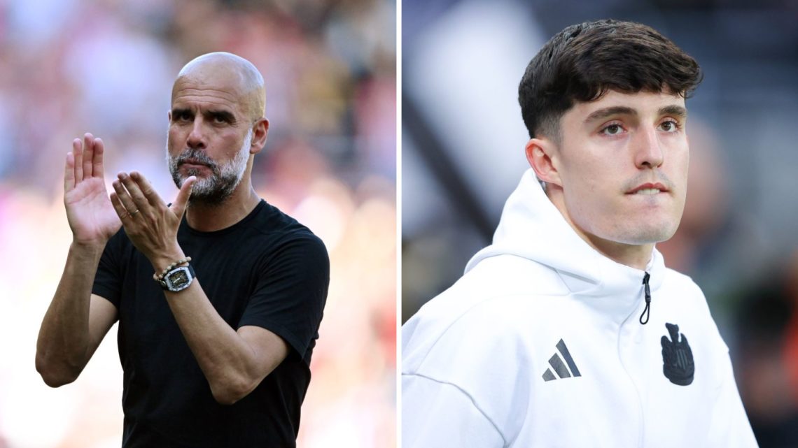 Split Image of Pep Guardiola of Manchester City looking on (left) and Tino Livramento (right) before Newcastle United against Crystal Palace