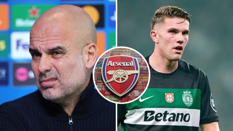 Split Image of Manchester City's Pep Guardiola during a press conference (left) and Sporting CP's Viktor Gyokeres in action (right) with inset of A...