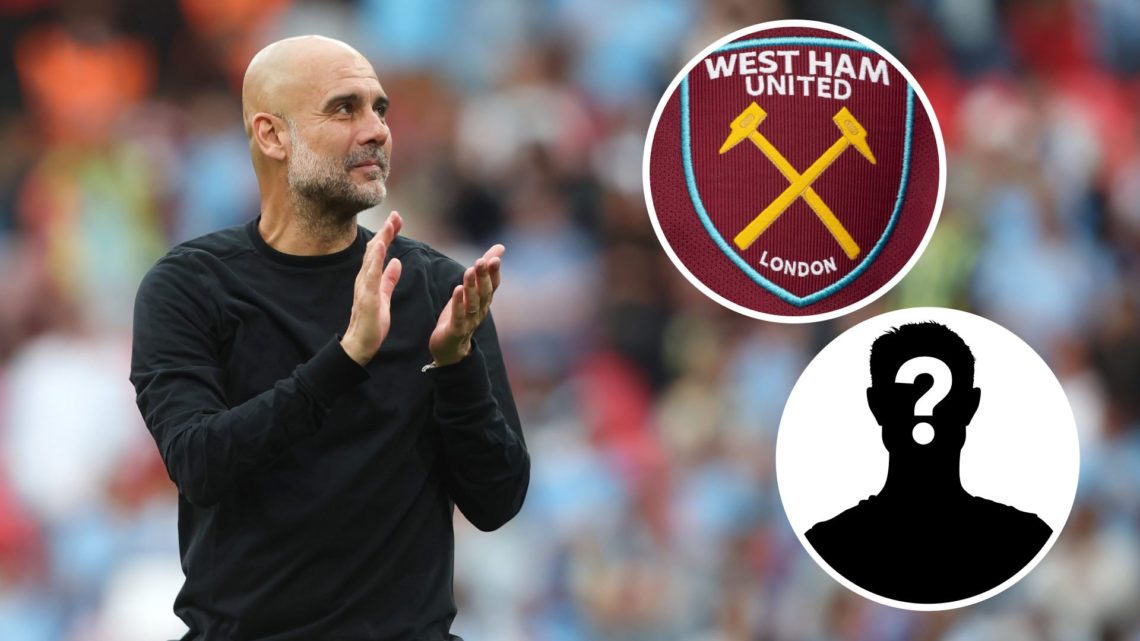 Pep Guardiola clapping (main image) with insets of West Ham United badge (top right side) and mystery player (bottom right corner)