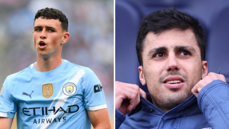 Split Image of Manchester City's Phil Foden looking surprised (left) and Rodri sitting on the bench (right)