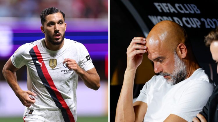 Split Image of Rayan Cherki in action (left) and Pep Guardiola alongside Pep Lijnders during Manchester City's match against Al-Hilal (right)