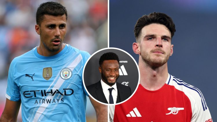 Split Image of Manchester City's Rodri looking on (left) and Declan Rice before Arsenal vs Paris Saint-Germain (right) with inset of John Obi Mikel...