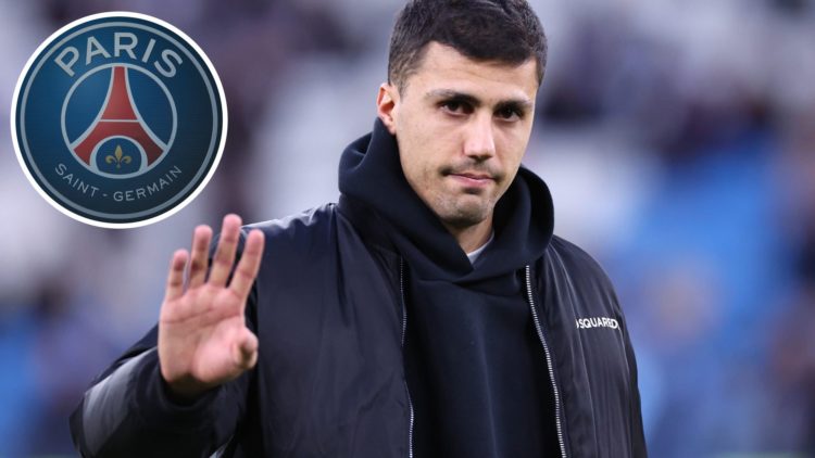 Manchester City's Rodri waves before FA Cup match against Plymouth Argyle (main image) with inset of Paris Saint-Germain badge (top left corner)