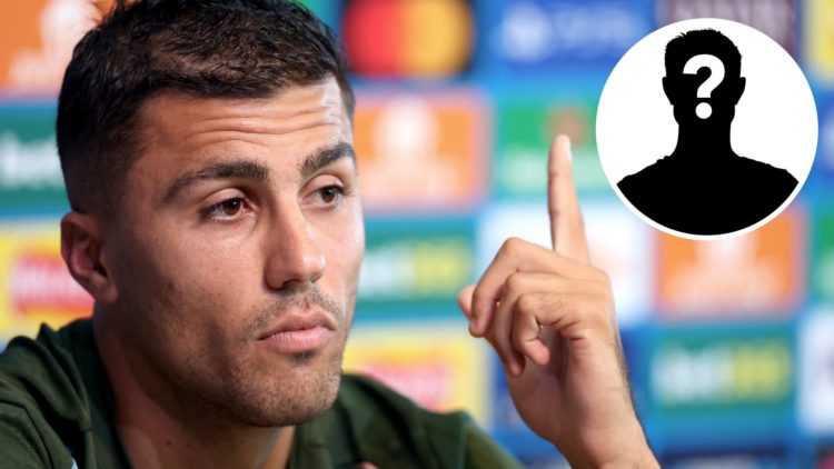 Manchester City's Rodri speaking during a press conference (main image) with inset of mystery player (top right corner)