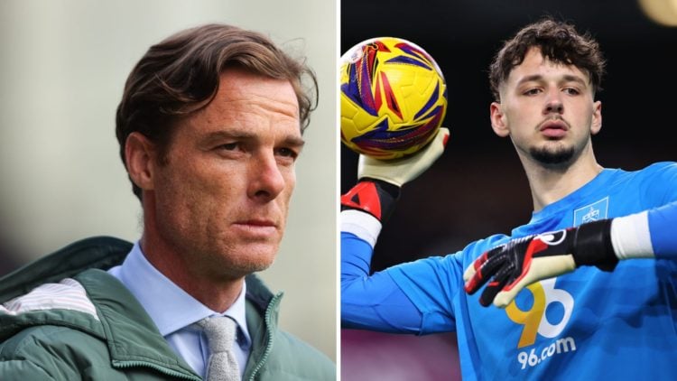Split Image of Burnley manager Scott Parker looking on (left) and James Trafford in action (right)