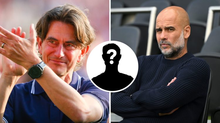 Split Image of Thomas Frank clapping after Brentford's Premier League match against Manchester City (left) and Pep Guardiola sitting on the bench (...