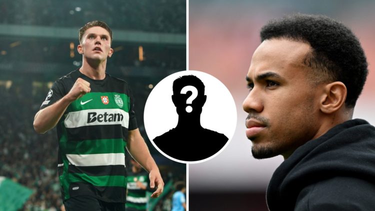 Split Image of Viktor Gyokeres of Sporting CP celebrating (left) and Arsenal's Gabriel Magalhaes looking on (right) with inset of mystery player (m...