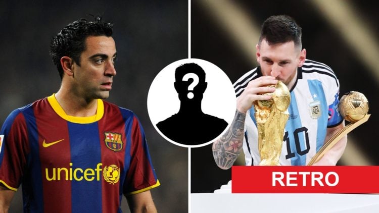 Split Image of Xavi looking sideways during Barcelona's La Liga match against Malaga (left) and Lionel Messi celebrating (right) with mystery playe...