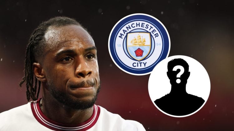 Michail Antonio in West Ham United colours with inset of Manchester City badge