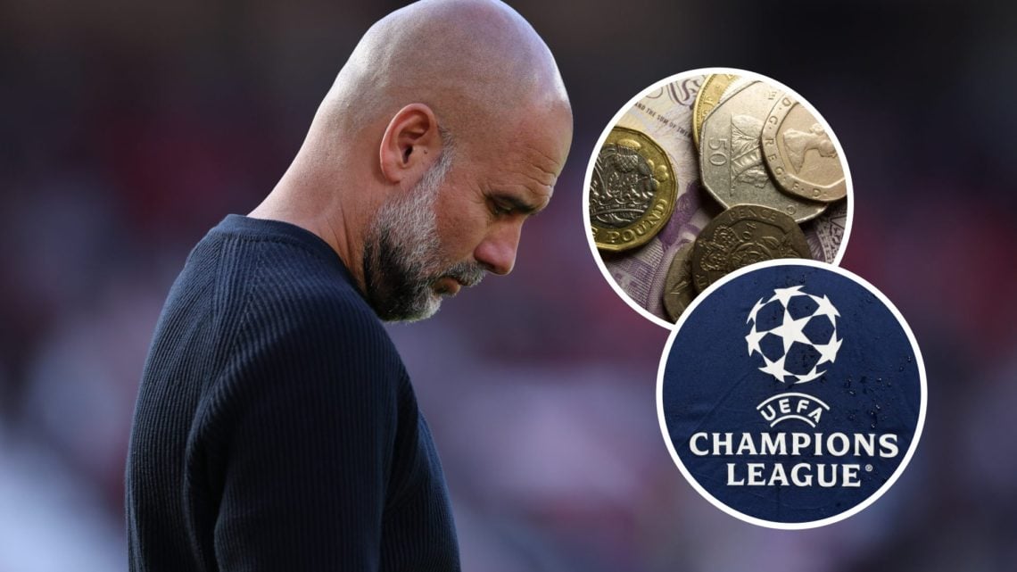 Pep Guardiola with his head down (main image) Champions League logo (top right corner) inset of pound notes and coins (bottom right corner)
