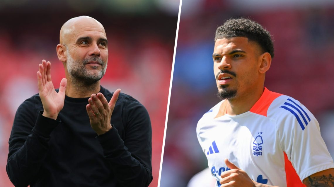 Split image - Pep Guardiola clapping his hands after a Man City match (left) Morgan Gibbs-White warming up (right)