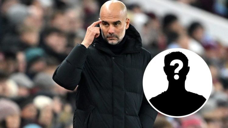 Pep Guardiola points to his head (main image) mystery player inset (bottom right corner)