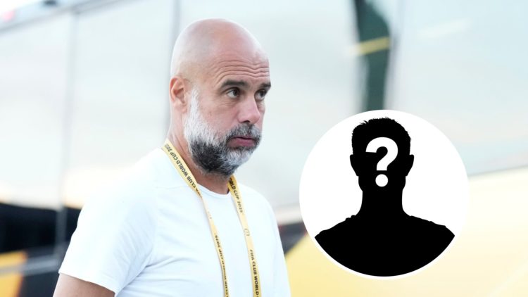 Pep Guardiola with his cheeks puffed (main image) mystery player inset (bottom right corner)