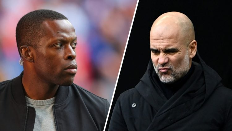 Split image - Nedum Onuoha working as a pundit (left) Pep Guardiola scrunches his face (right)