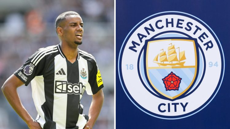 Split image - Alexander Isak with his hands on his hips (left) Man City crest (right)