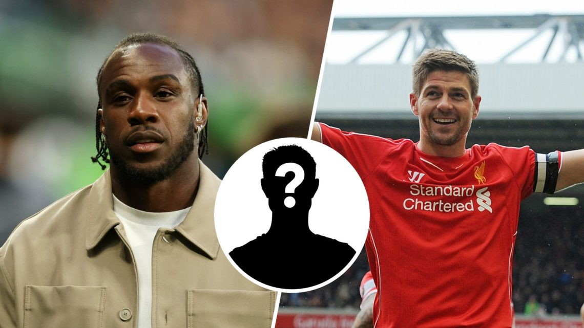 Split image - Michail Antonio working as a pundit (left) Steven Gerrard with his hands raised after a goal (right) mystery player inset (middle)