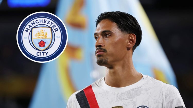 Manchester City midfielder Tijjani Reijnders with inset of Manchester City badge