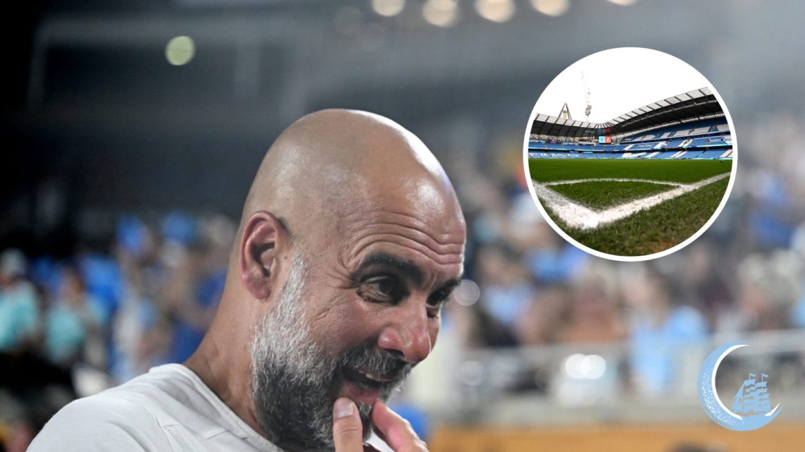 Manchester City manager Pep Guardiola with inset of the Etihad Stadium